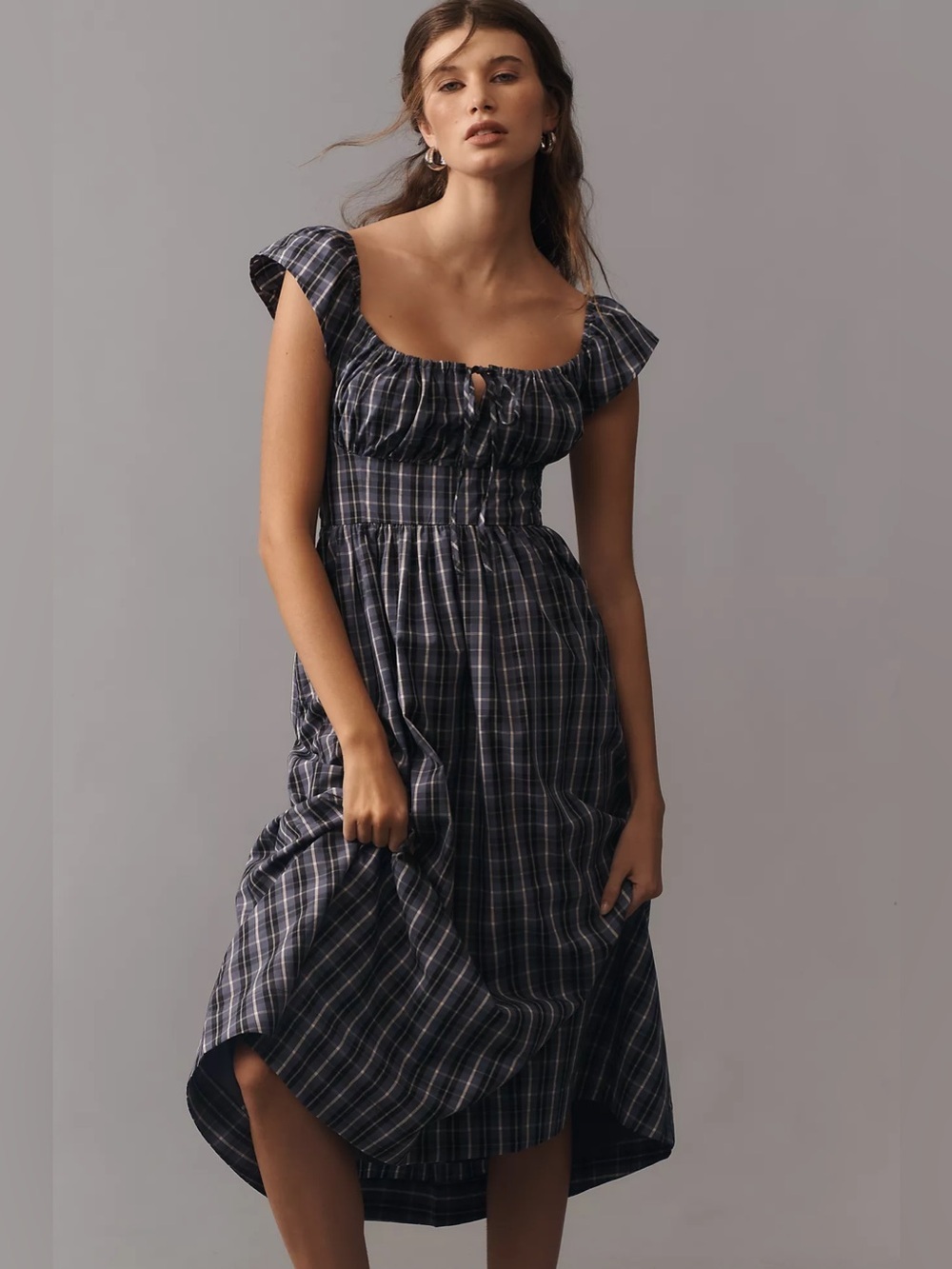 Anthropologie Flutter-Sleeve Square-Neck Midi Dress Color: Navy Plaid XL NWT